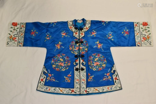 Chinese Blue Embroidered Silk Robe