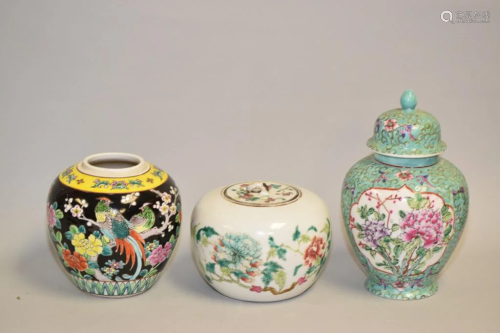 Three 19-20th C. Chinese Porcelain Famille Rose Jars