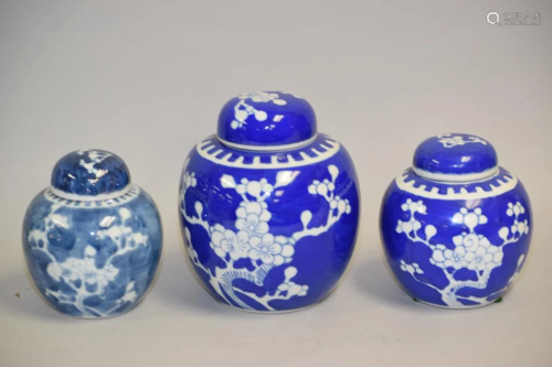 Three 19-20th C. Chinese Porcelain B&W Plum Jars