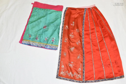 Two Qing Chinese Embroidered Silk Skirts