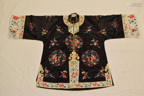 Chinese Black Embroidered Silk Robe