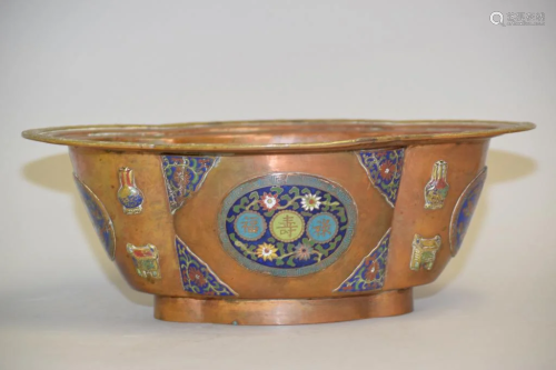 19-20th C. Chinese Cloisonne Inlay Bronze Flower Pot