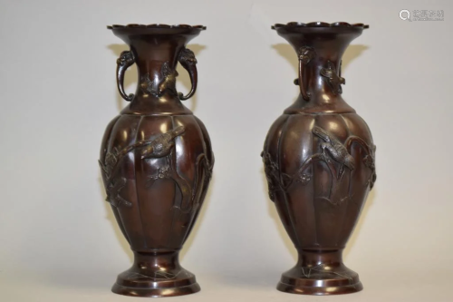 Pr. of 19-20th C. Japanese Bronze Relief Carved Vases