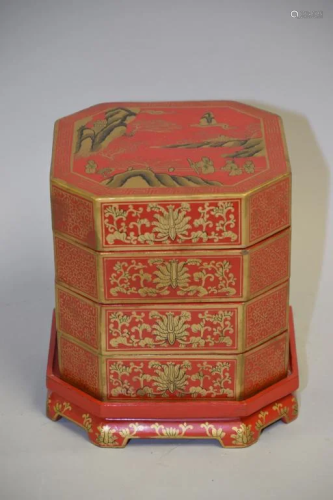 19-20th C. Chinese Gold Painted Red Lacquer Snack Box