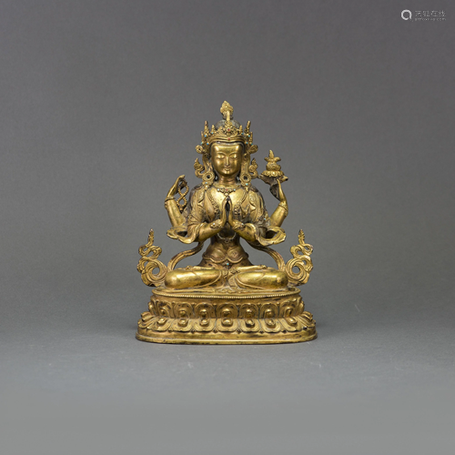 A GILT BRONZE FIGURE OF SHADAKSHARI AVALOKITESHVARA