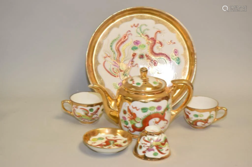 Set of 19-20th C. Chinese Porcelain Gold Glaze Tea Ware