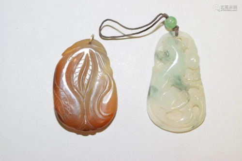 Two Chinese Jadeite/Agate Carved Pendants