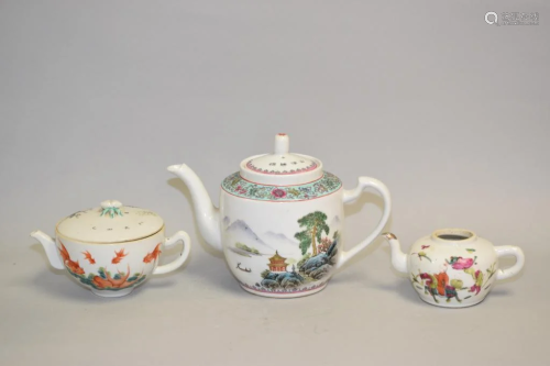Three 19-20th C. Chinese Porcelain Famille Rose Teapots