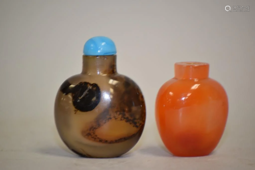 Two 19-20th C. Chinese Agate Carved Snuff Bottles