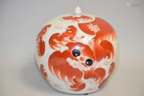 19-20th C. Chinese Porcelain Iron Red Lion Jar