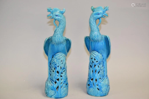 Pr. of 19-20th C. Chinese Porcelain Peacock Blue Glaze