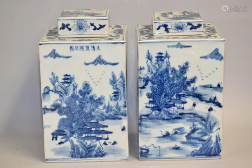 Pr. of Large Chinese Porcelain B&W Square Jars