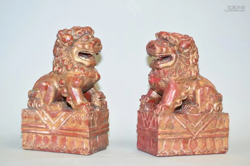 Pr. of 19-20th C. Chinese Gilt Wood Carved Lions