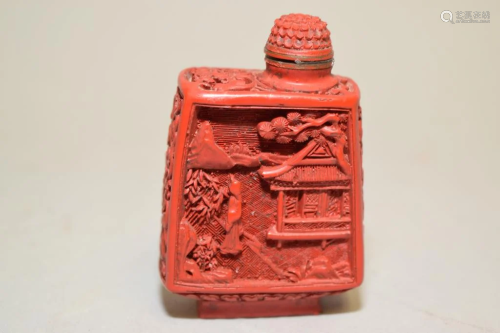 19th C. Chinese Cinnabar over Bronze Snuff Bottle