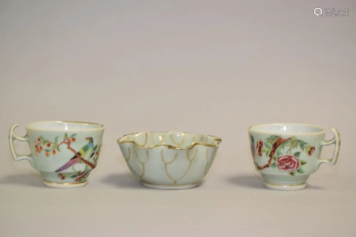 Three 19th C. Chinese Porcelain Pea Glaze Famille Rose