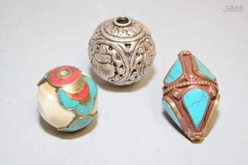 Three Chinese Tibetan Turquoise Inlay Beads