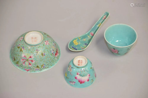 Four 19-20th C. Chinese Porcelain Turquoise Glaze Wares