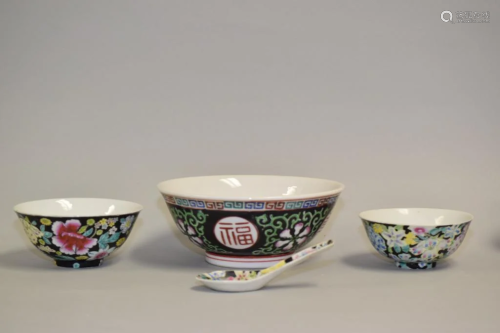 Four 19-20th C. Chinese Porcelain Famille Noir Wares