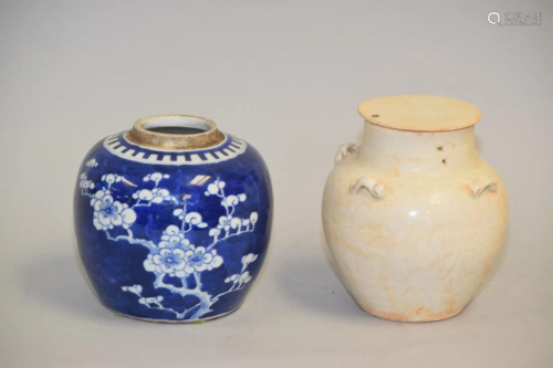 Two 19-20th C. Chinese Porcelain B&W/White Glaze Jars