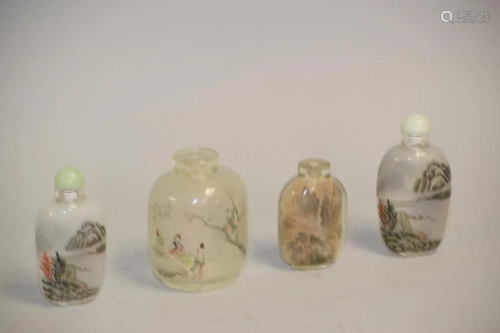 Four 19-20th C. Chinese Reverse Painted Glass Snuff