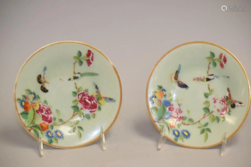Pr. of 19th C. Chinese Porcelain Pea Glaze Famille Rose