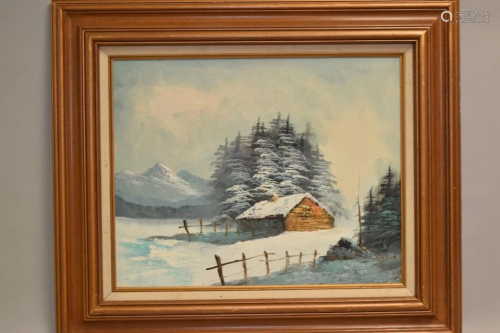 Snow Cabin Oil Painting on Canvas by Roy Kirk