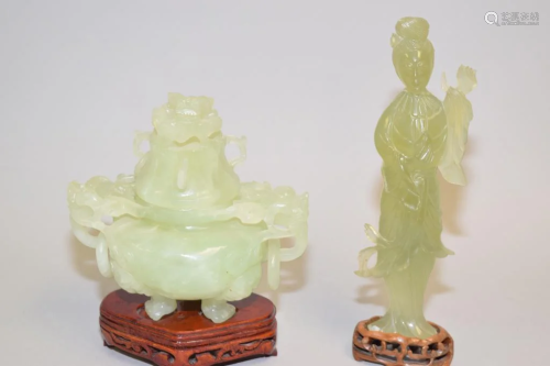 Chinese Jade Carved Censer and Maiden