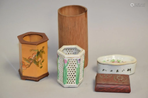 Group of 19-20th C. Chinese Bamboo/Porcelain Study