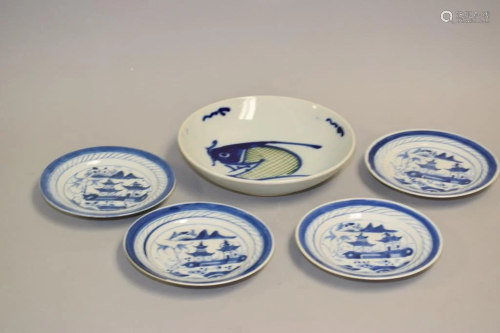Five 19-20th C. Chinese Porcelain B&W Plates