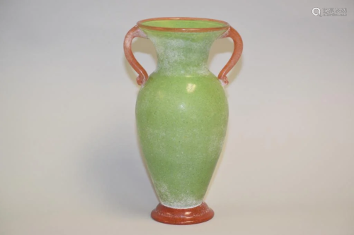 Unmarked Murano Green Glass Vase with Handles