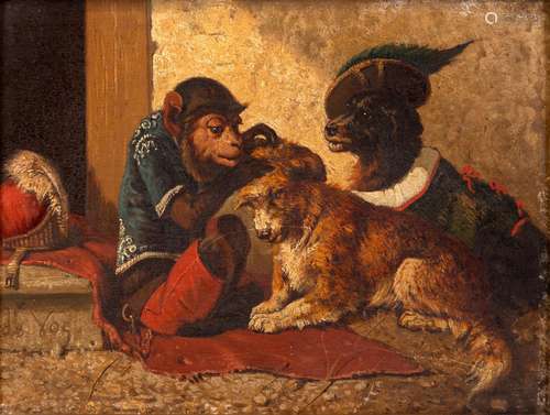 Vincent DE VOS (1829–1875) Un singe avec deux chiensHuile su...