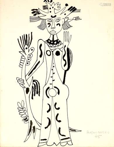 René PORTOCARRERO (1912-1986)Personnage, 1945Encre et lavis ...