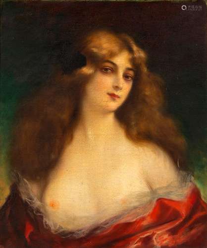 Max SCHOTT (1860-?)Portrait de femme à la robe rouge partiel...