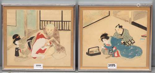 Trois estampes shunga, Japon, deux encadrées (B). 24 x 27 cm...