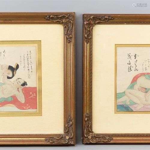 Deux estampes shunga, Japon (B). 18 x 23 cm (2x) / 36,5 x 46...