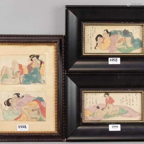 Vier shunga prenten, Japan (B). 10 x 20 (2x) / 22 x 32 cm / ...