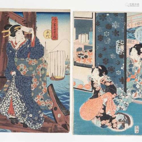 Utagawa Kunisada (1786-1856) Femme sur un quai avec des navi...