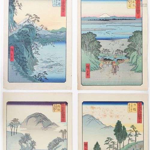 Utagawa Hiroshige (1797-1858) Quatre gravures sur bois en co...