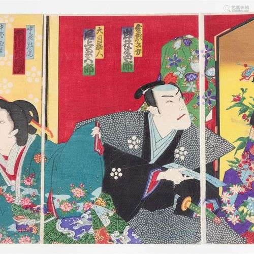 Yōshū Chikanobu (1838-1912) Triptiek met figuren, 3 kleuren ...