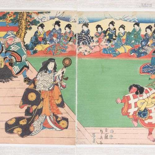 Sadafusa Utagawa (1825-1850) Twee voorstellingen van een tri...
