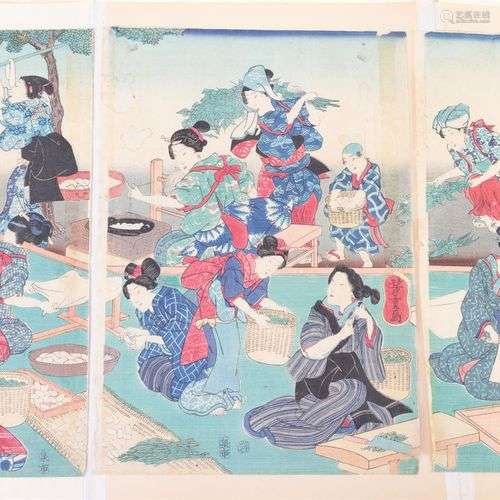 Yōshū Chikanobu (1838-1912) Le traitement du thé, triptyque,...