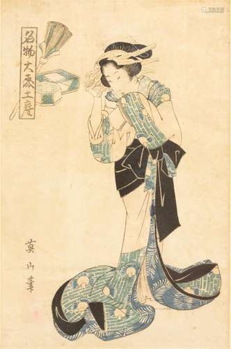 Kikugawa Eizan (1787-1786) Staande vrouw, kleuren houtsnede ...