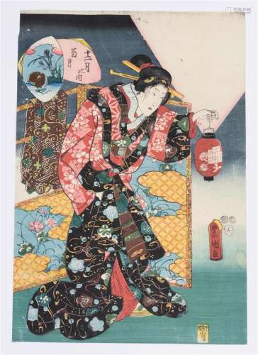 Utagawa Kunisada (1786-1856) Drie voorstellingen met figuren...