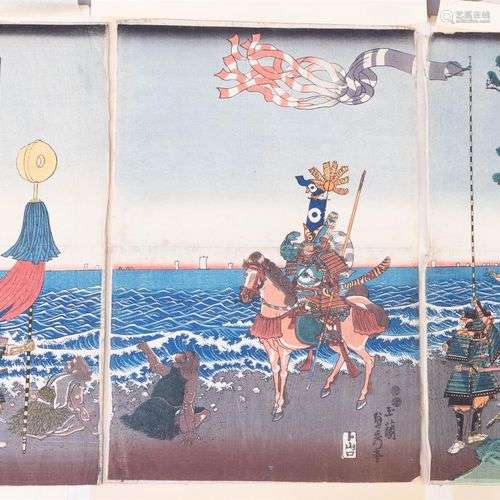 Une gravure sur bois japonaise en couleur représentant des g...