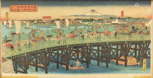 Naar Hiroshige Utagawa (1797-1858), Ryogoku Bridge, kleurenh...