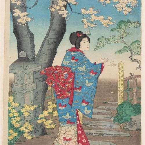 Yōshū Chikanobu (1838-1912) Vrouw op tuinpad, linkerdeel van...