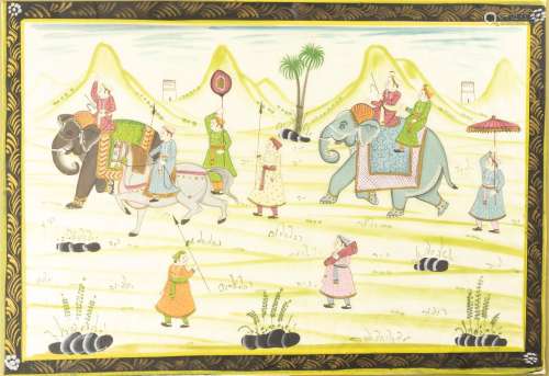 Een Mogul schildering op zijde van een optocht met olifanten...