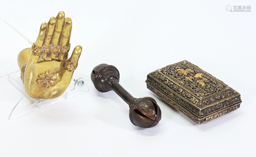 Tibetan Bronze Hinged Box, Rattle, SEA Buddha Hand