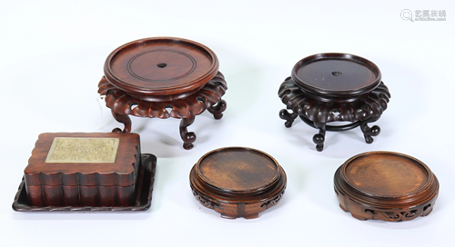 Chinese Hard Stone Inlaid Wood Box & Tray 4 Stands