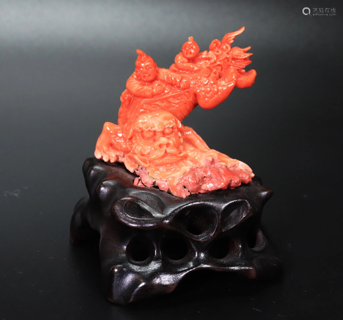 Chinese Carved Coral 2 Boys Riding Fu Dog